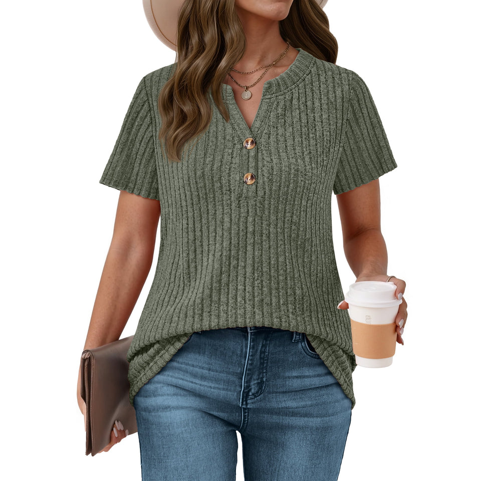 Fantaslook Womens Tops V Neck Short Sleeve Sweater Shirts Dressy Casual Tunic Blouses Summer Tops with Button