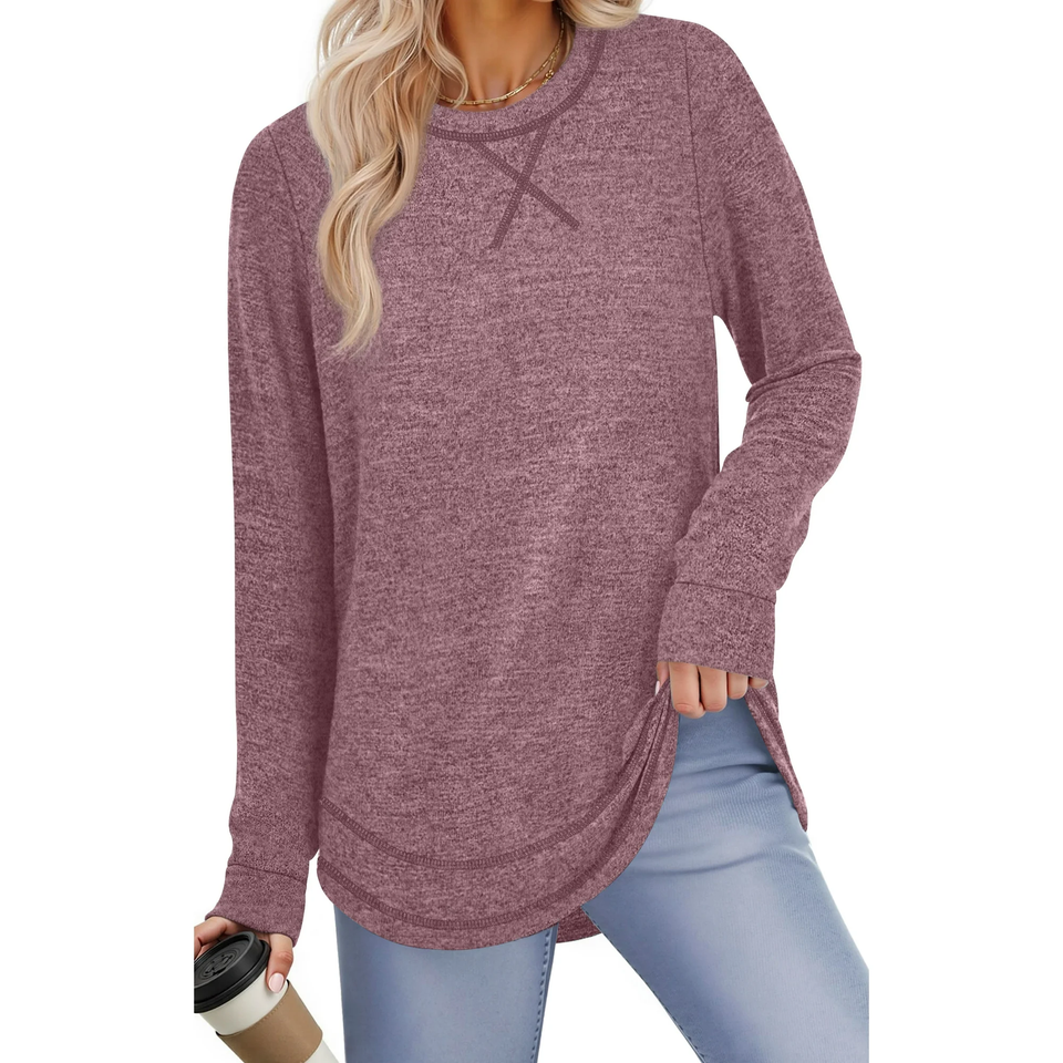 Fantaslook Lightweight Sweatshirts for Women Long Sleeve Crew Neck Tops Casual Curved Hem Shirts