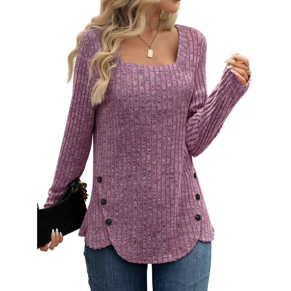 Fantaslook Square Neck Tops for Women Long Sleeve Dressy Blouses Button Side Tunic Shirts