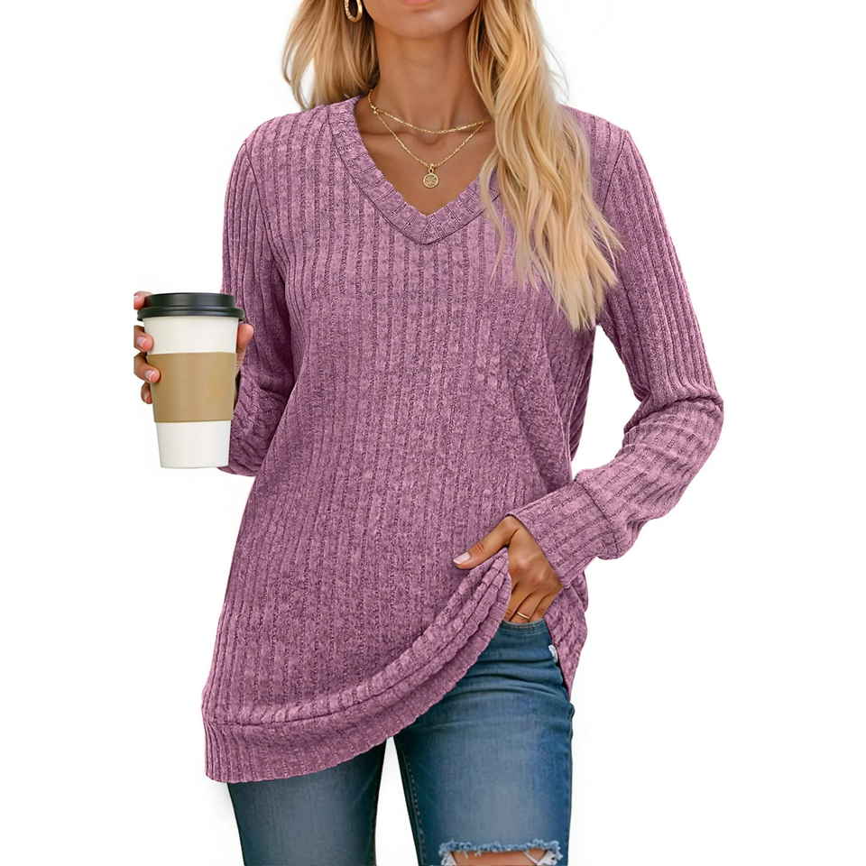 Fantaslook V Neck Long Sleeve Shirts for Women Dressy Casual Fall Tops Lightweight Tunic Pullover Fashion Clothes