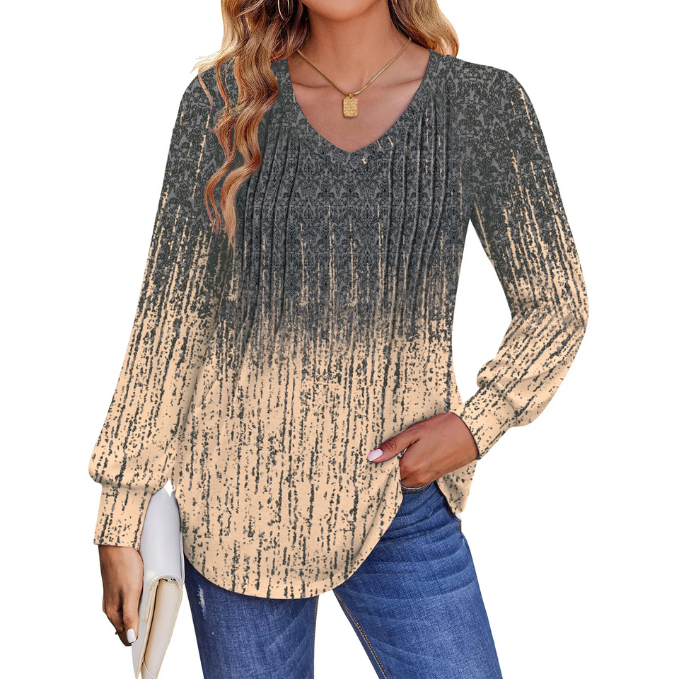 FANTASLOOK LONG SLEEVE SHIRTS FOR WOMEN FALL TOPS DRESSY CASUAL BLOUSES PLEATED V NECK TUNIC TOPS