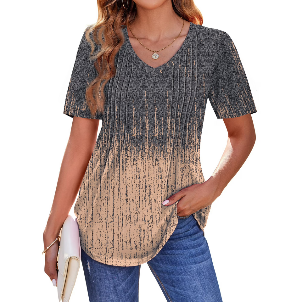 Fantaslook Blouses for Women Dressy Casual V Neck Pleated Tunic Tops Summer Short Sleeve Boho Shirts