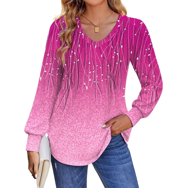 FANTASLOOK LONG SLEEVE SHIRTS FOR WOMEN FALL TOPS DRESSY CASUAL BLOUSES PLEATED V NECK TUNIC TOPS