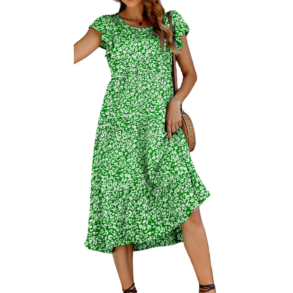 Fantaslook Dresses for Women Summer Casual Boho Dress Floral Print Ruffle Sleeve Midi Beach Dresses