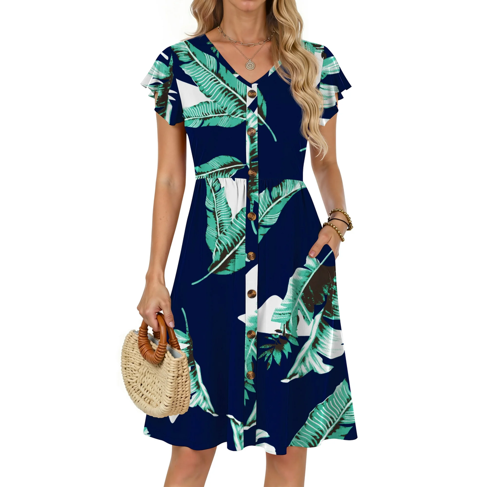 Fantaslook Women Summer Dresses V Neck Ruffle Sleeve Casual Flowy Sundresses Button Floral Midi Dress with Pockets