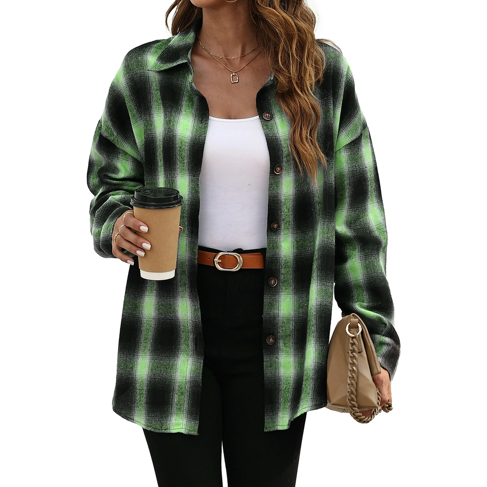 Fantaslook Plaid Flannel Shirts for Women Oversized Long Sleeve Button Down Shirts Blouses Tops