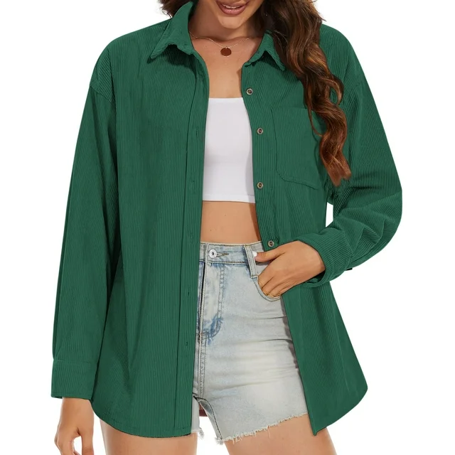 Fantaslook Women Corduroy Shirts Shacket Jacket Casual Long Sleeve Button Down Blouses Tops