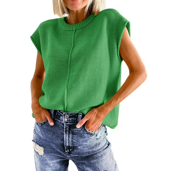 Fantaslook Cap Sleeve Sweaters for Women Casual Crew Neck Loose Knit Lightweight Sweater Vest Pullover Tops