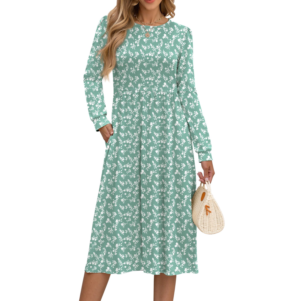 Fantaslook Long Sleeve Midi Dresses for Women Casual Floral Dress Flowy Fall Dresses with Pockets