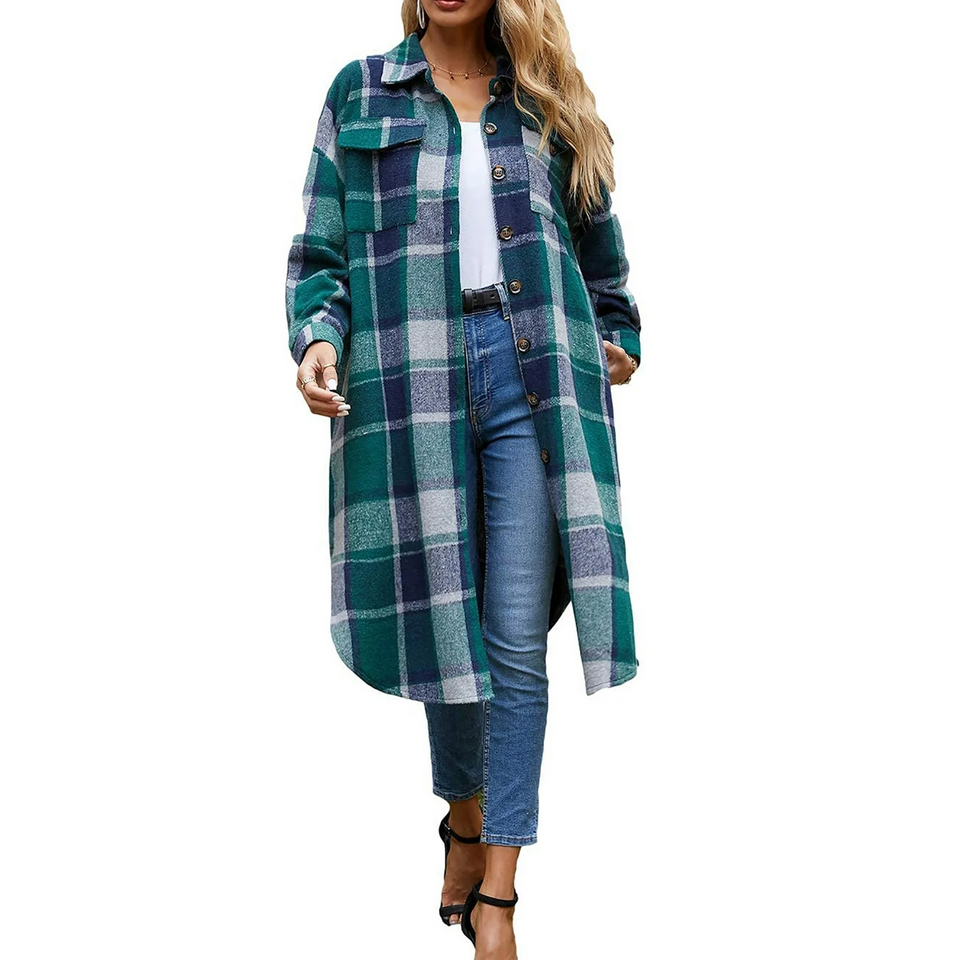 Fantaslook Flannel Shirts for Women Button Up Plaid Shirt Long Pocketed Shacket Jacket Coat
