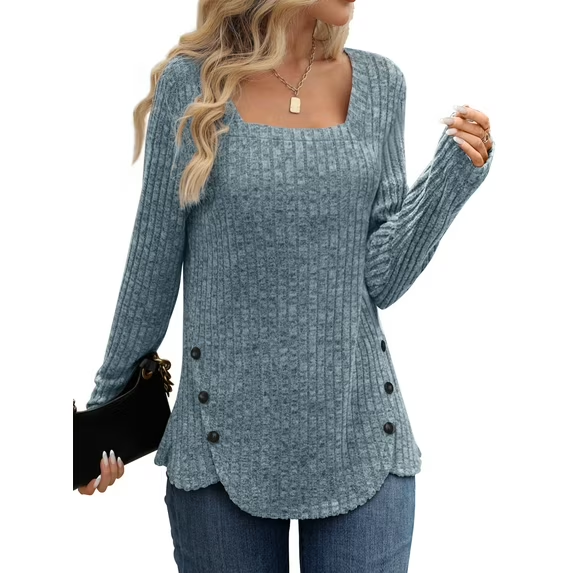 Fantaslook Square Neck Tops for Women Long Sleeve Dressy Blouses Button Side Tunic Shirts