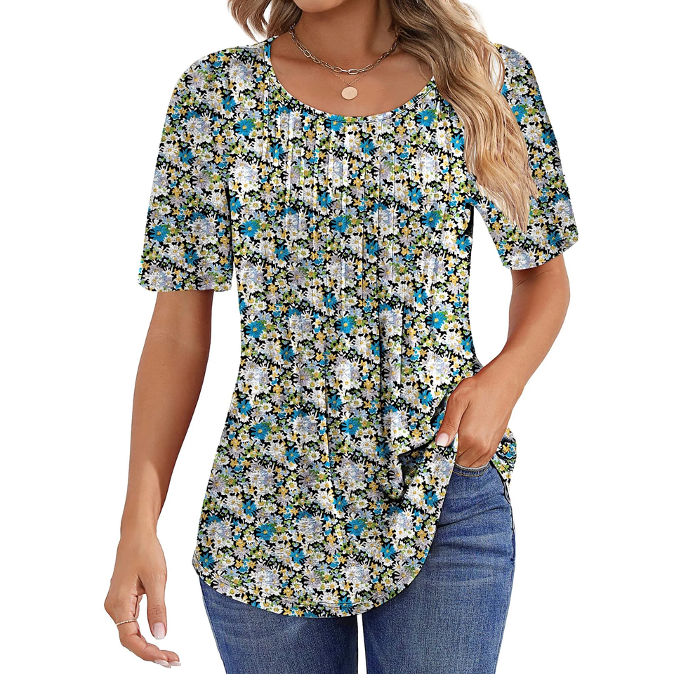 Fantaslook Blouses for Women Pleated Short Sleeve Tunic Tops Dressy Casual Summer Shirts