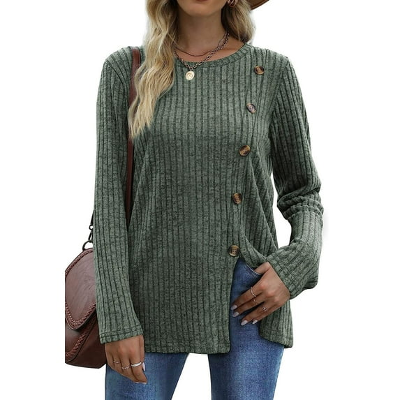 Fantaslook Blouses for Women Long Sleeve Crew Neck Tunic Tops Buttons Side Fall Shirts