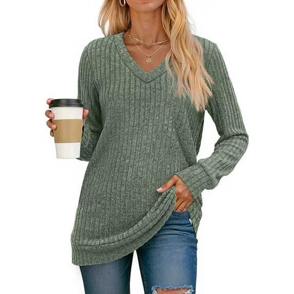 Fantaslook V Neck Long Sleeve Shirts for Women Dressy Casual Fall Tops Lightweight Tunic Pullover Fashion Clothes