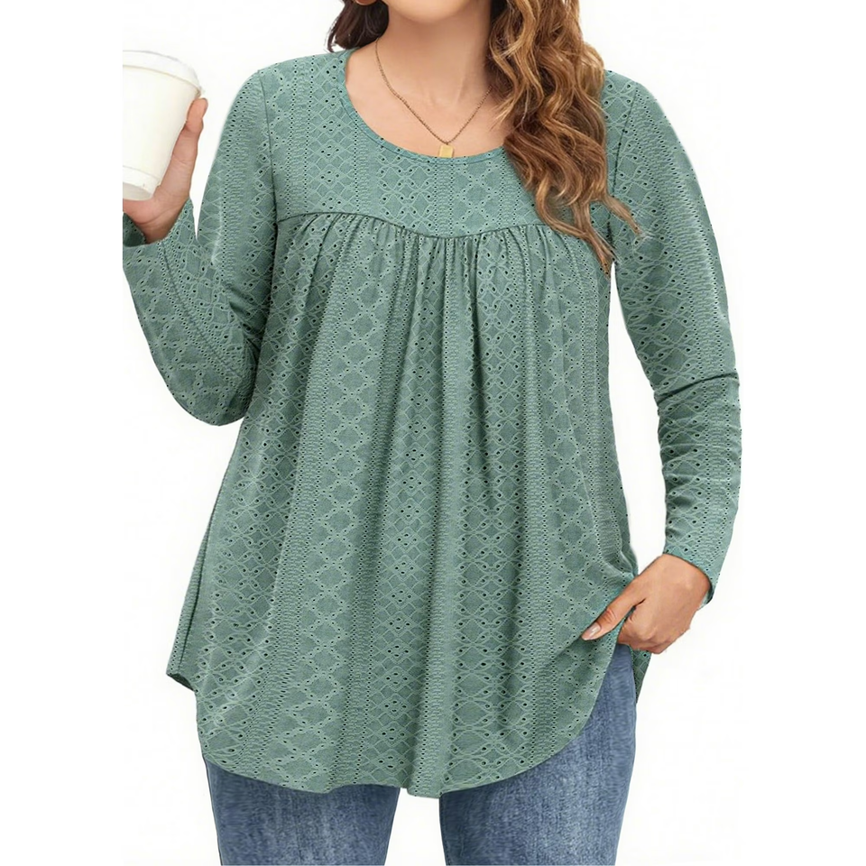 Fantaslook Plus Size Tops For Women Eyelet Long Sleeve Tunic Blouse Crew Neck Pleated Curved Hem Shirts