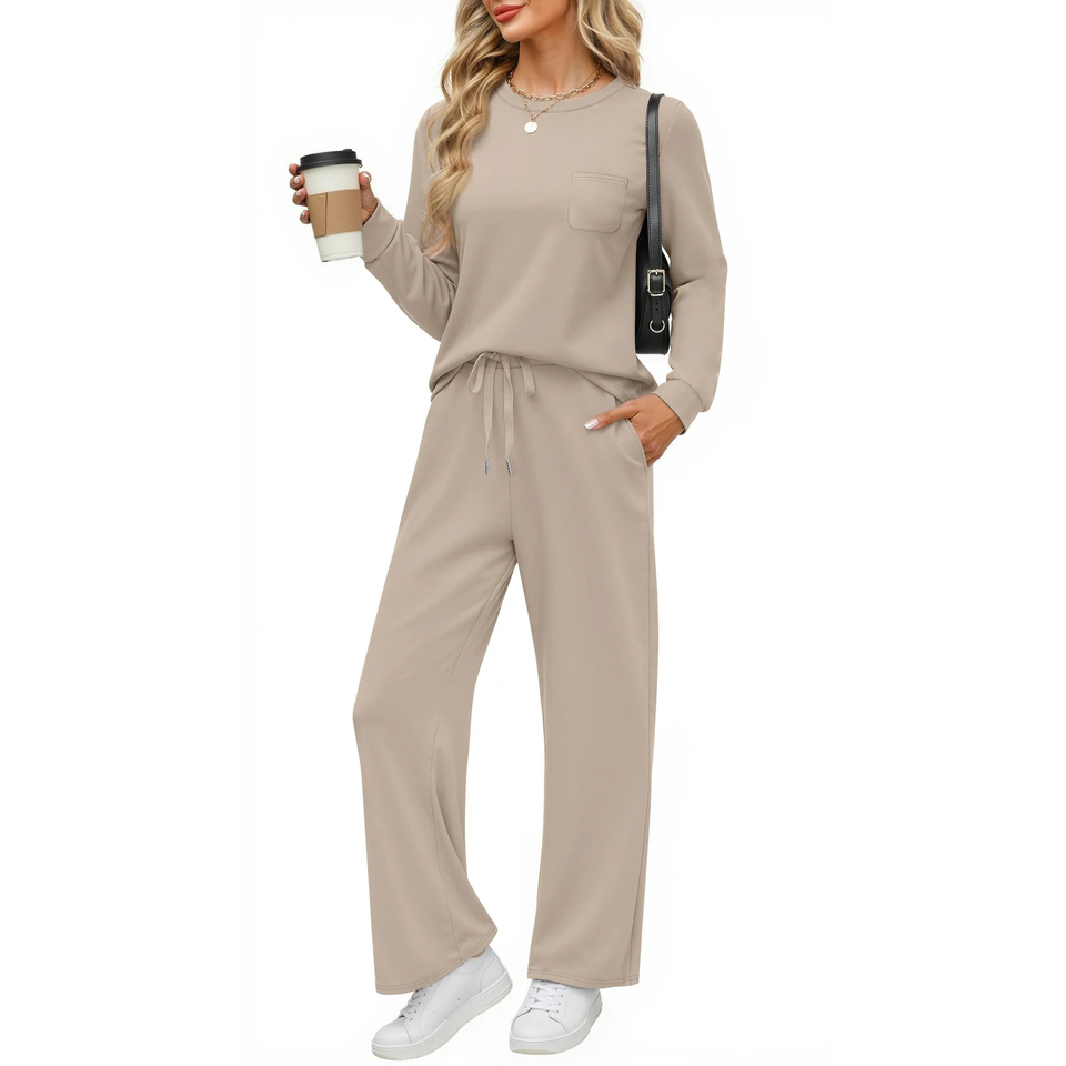 Fantaslook Two Piece Lounge Sets for Women Fall Outfits Long Sleeve Tops Wide Leg Pants Matching Sets Vacation Travel Outfits