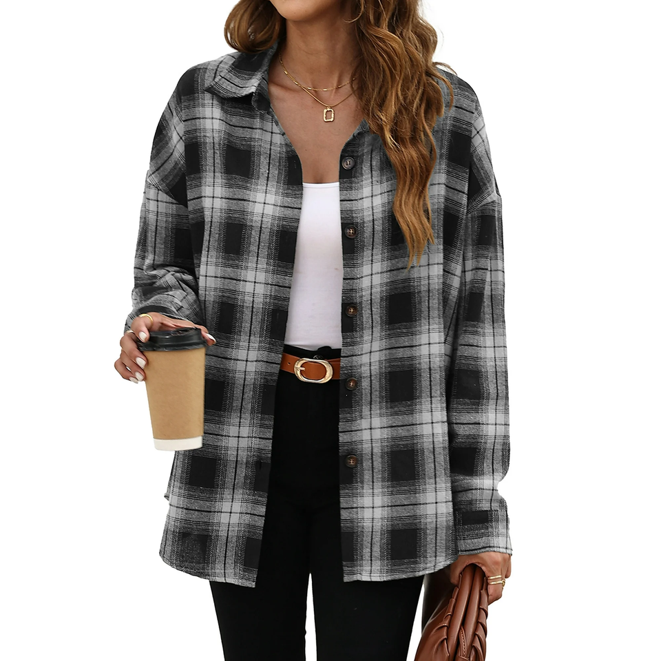 Fantaslook Plaid Flannel Shirts for Women Oversized Long Sleeve Button Down Shirts Blouses Tops