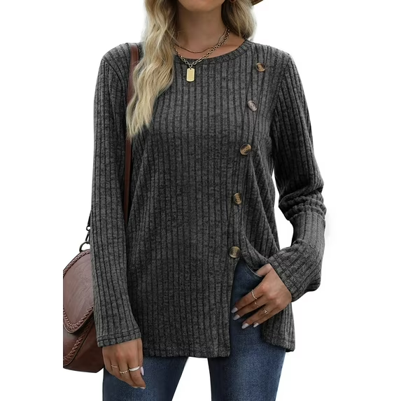Fantaslook Blouses for Women Long Sleeve Crew Neck Tunic Tops Buttons Side Fall Shirts