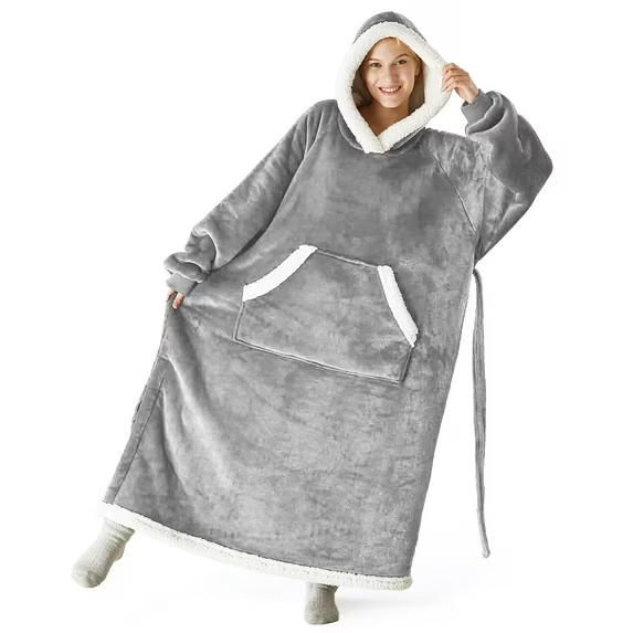 Fantaslook Oversized Wearable Blanket Hoodie, Long Flannel Sherpa Fleece Blanket Hoodie Sweatshirt for Adults Women Men, Plush Blanket with Hood, Pocket & Sleeves
