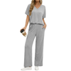 Fantaslook Lounge Sets for Women Casual 2 Piece Outfits Summer V Neck Short Sleeve Tops and Wide Leg Pants Pajamas Sets