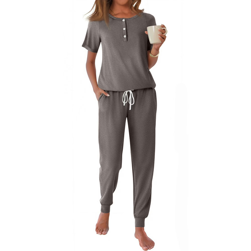 Fantaslook Pajamas Sets for Women Short Sleeve Henley Shirt And Pants With Drawstring Casual Lounge Wear Sets Summer Outfits