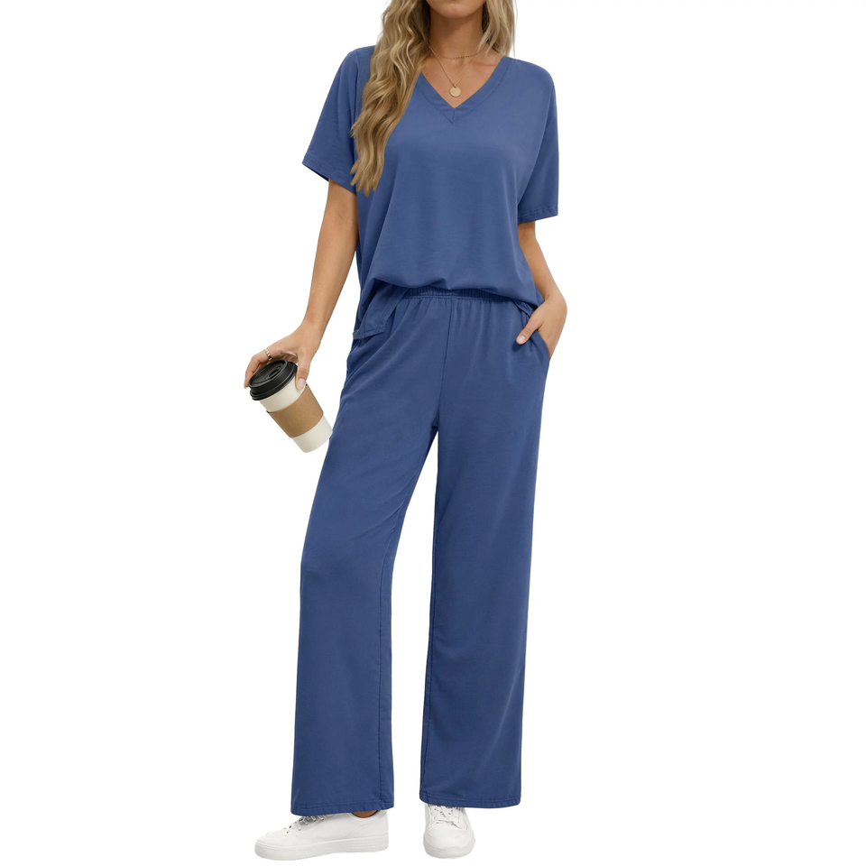 Fantaslook Lounge Sets for Women Casual 2 Piece Outfits Summer V Neck Short Sleeve Tops and Wide Leg Pants Pajamas Sets
