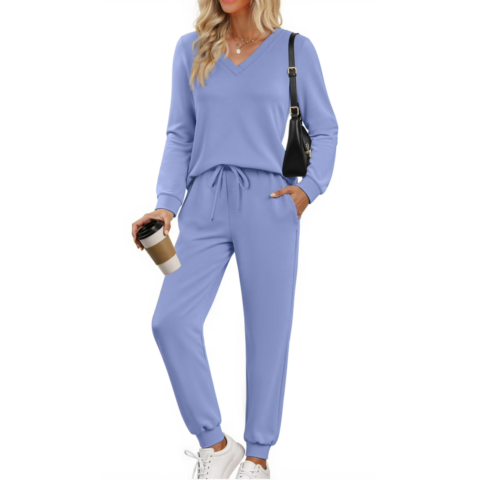 Fantaslook Two Piece Sets for Women Fall Outfits Fashion Lounge Sets V Neck Tops Long Pants Tracksuit Vacation Travel Outfits