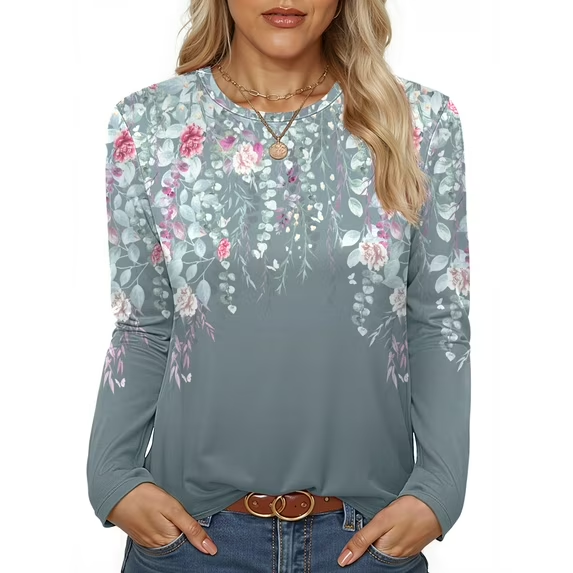 Fantaslook Women Tunic Tops Casual Long Sleeve Shirts Crew Neck Fall Tops Basic Tees Floral Dressy Blouses
