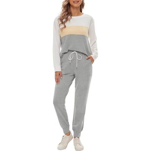 Fantaslook Womens Color Block Pajamas Crewneck Long Sleeve Lounge Sets Casual Jogger Outfits with Pockets