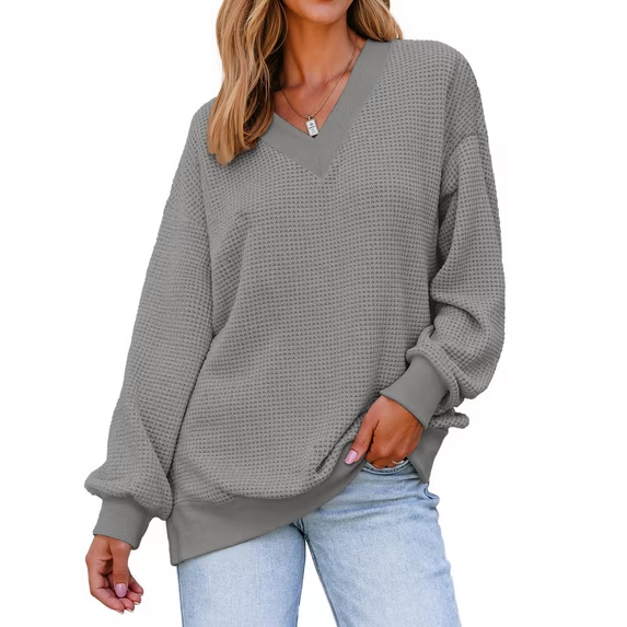 Fantaslook Waffle Knit Womens Sweatshirts Long Sleeve V Neck Shirt Loose Fall Outfits Pullover Casual Tops