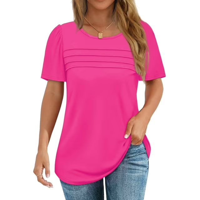 Fantaslook Women Blouses Dressy Casual Summer Short Sleeve Shirts Crew Neck Pleated Tunic Tops
