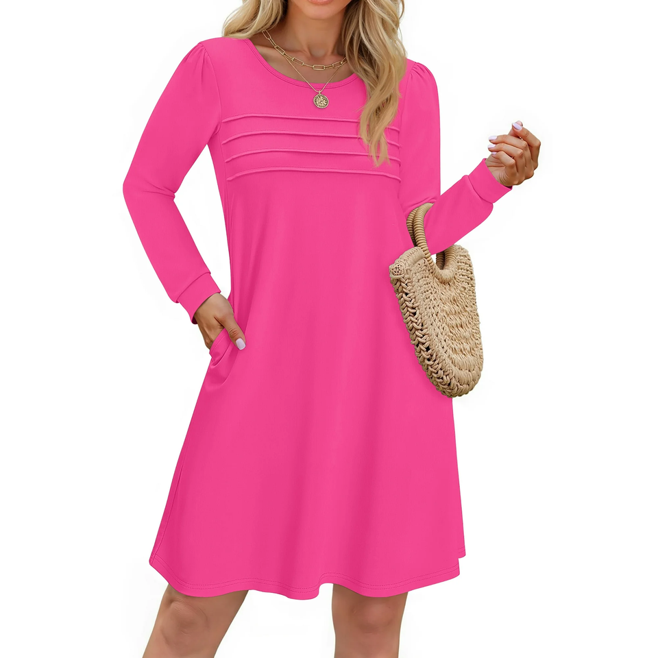 Fantaslook Pleated Long Sleeve Dresses for Women Fashion Fall Dresses Casual Dress with Pockets