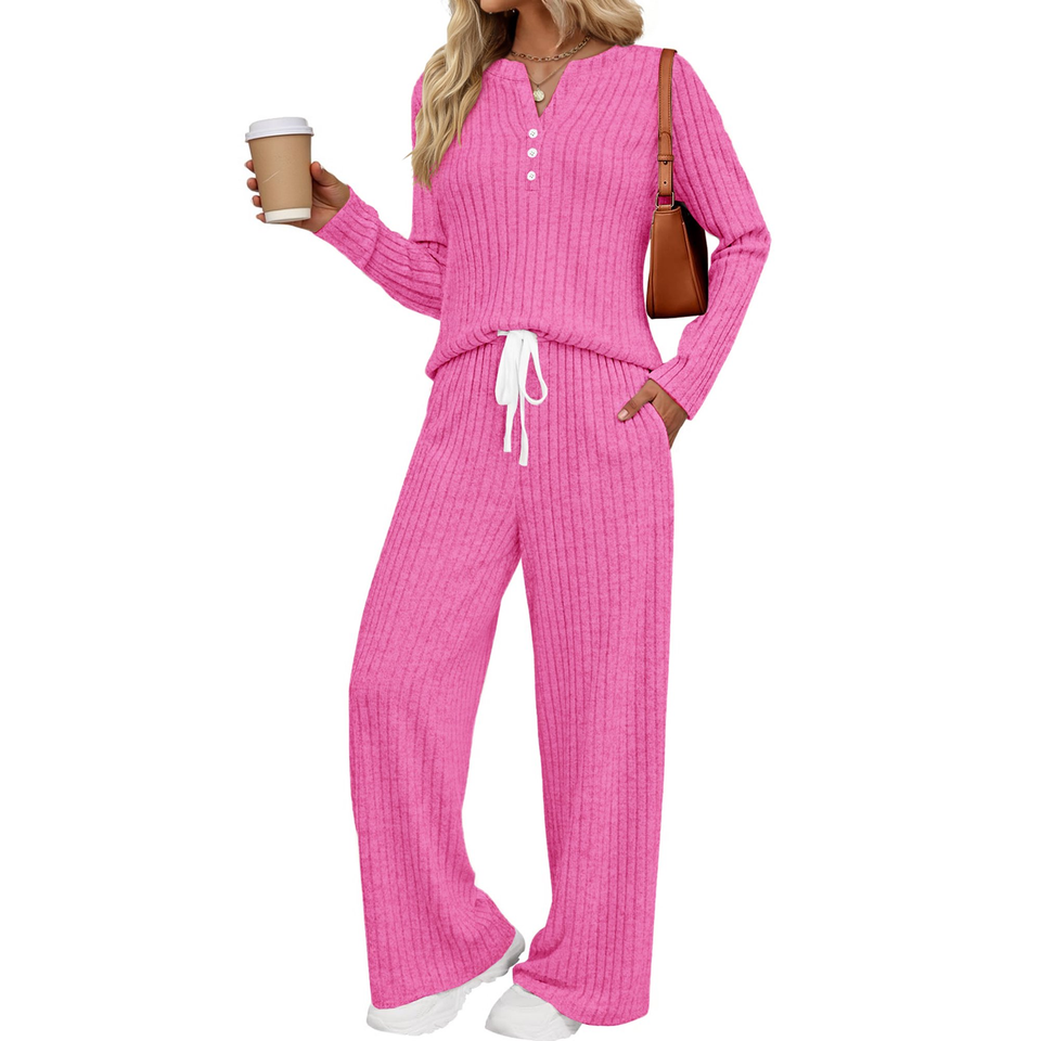 Fantaslook Two Piece Lounge Sets for Women Fall Travel Outfits Henley Neck Sweater tops Wide Leg Pants Matching Sets Pajamas Clothes