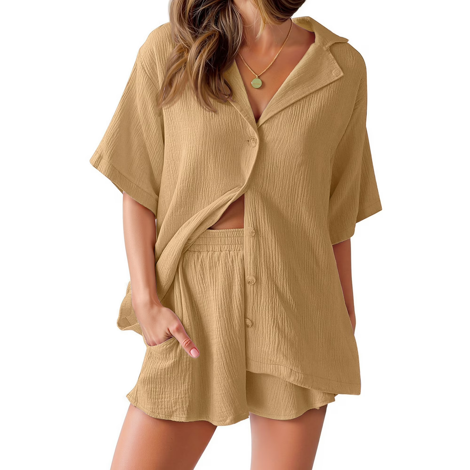 Fantaslook 2 Piece Womens Outfit Sets Button Down Shirts and Shorts Casual Lounge Sets Short Sleeve Pajamas Sets Summer Loungewear