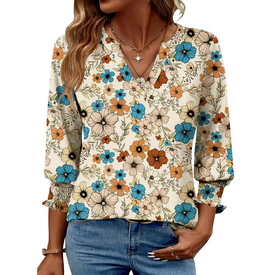 Fantaslook 3/4 Sleeve Womens Tops Dressy Casual Blouses V Neck Work Shirts Trendy Tops with Smocked Cuffs