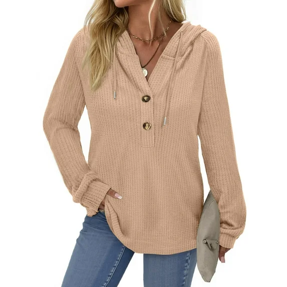 Fantaslook Hoodies for Women Waffle Knit Sweatshirts Drawstring Long Sleeve Tops Button V Neck Pullover