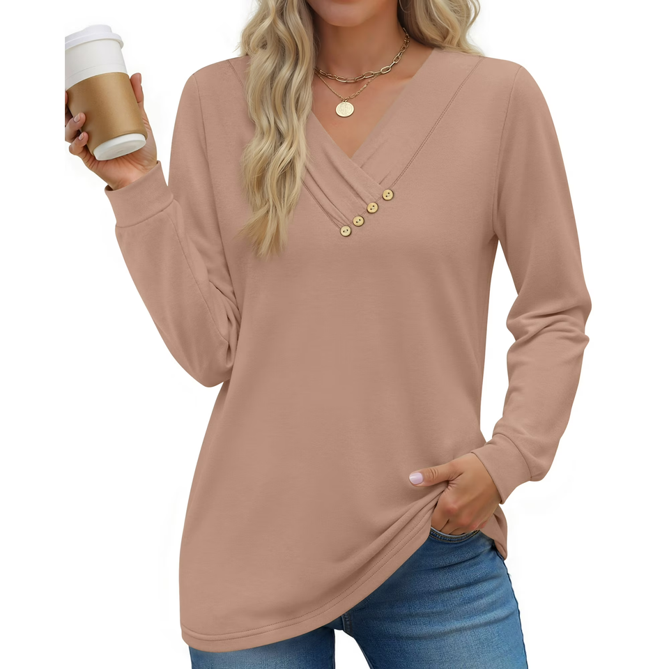 Fantaslook V Neck Blouses for Women Dressy Casual Tops Button Long Sleeve Shirts Trendy Fall Tops