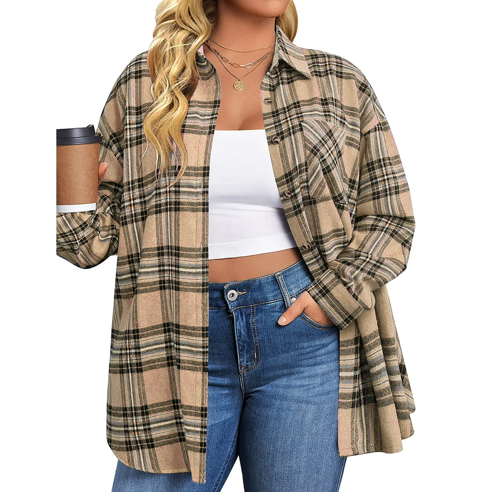 Fantaslook Plus Size Flannel Plaid Shirts for Women Long Sleeve Button Down Shirts Casual Loose Blouses Tops