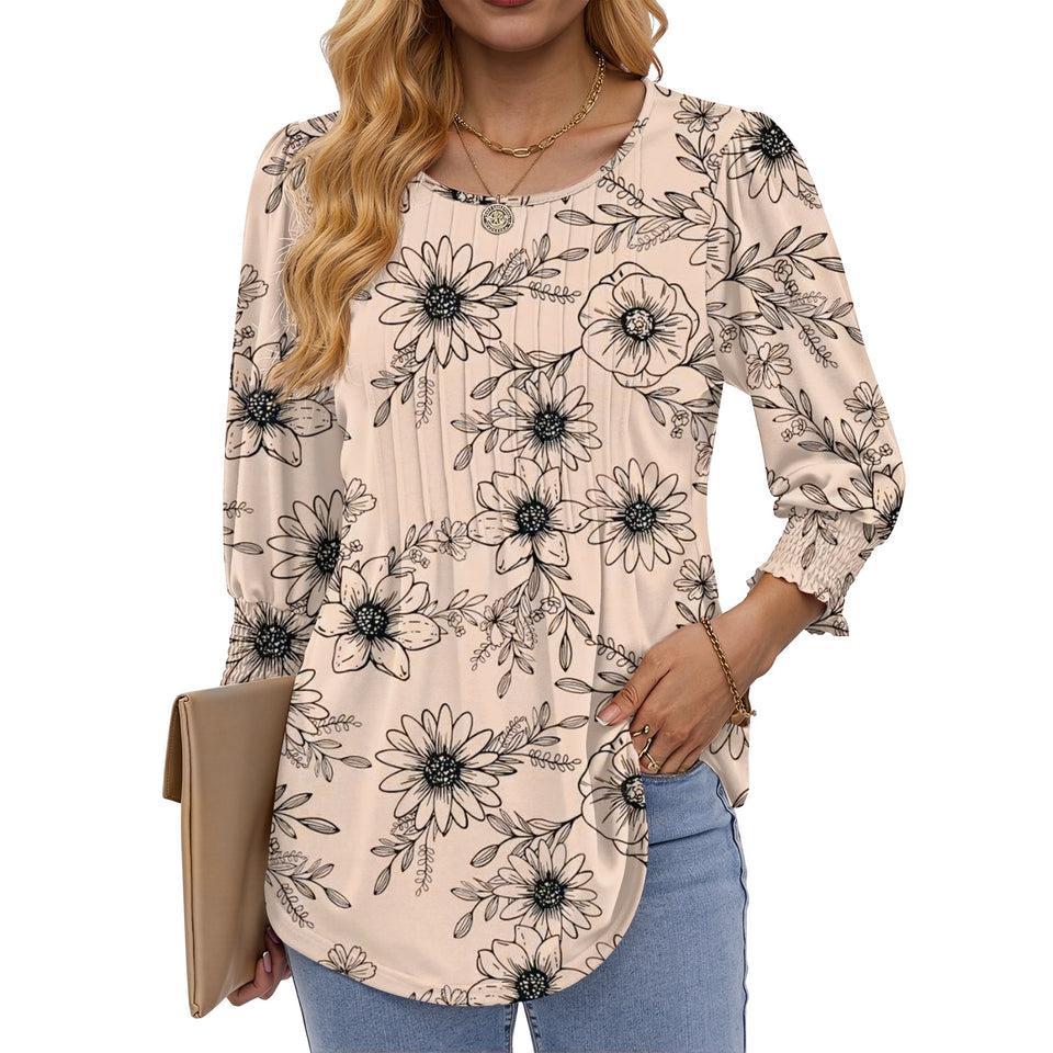 Fantaslook Pleated Blouses for Women Dressy Casual 3/4  Sleeve Womens Tops with Smocked Cuffs Summer Fall Shirts