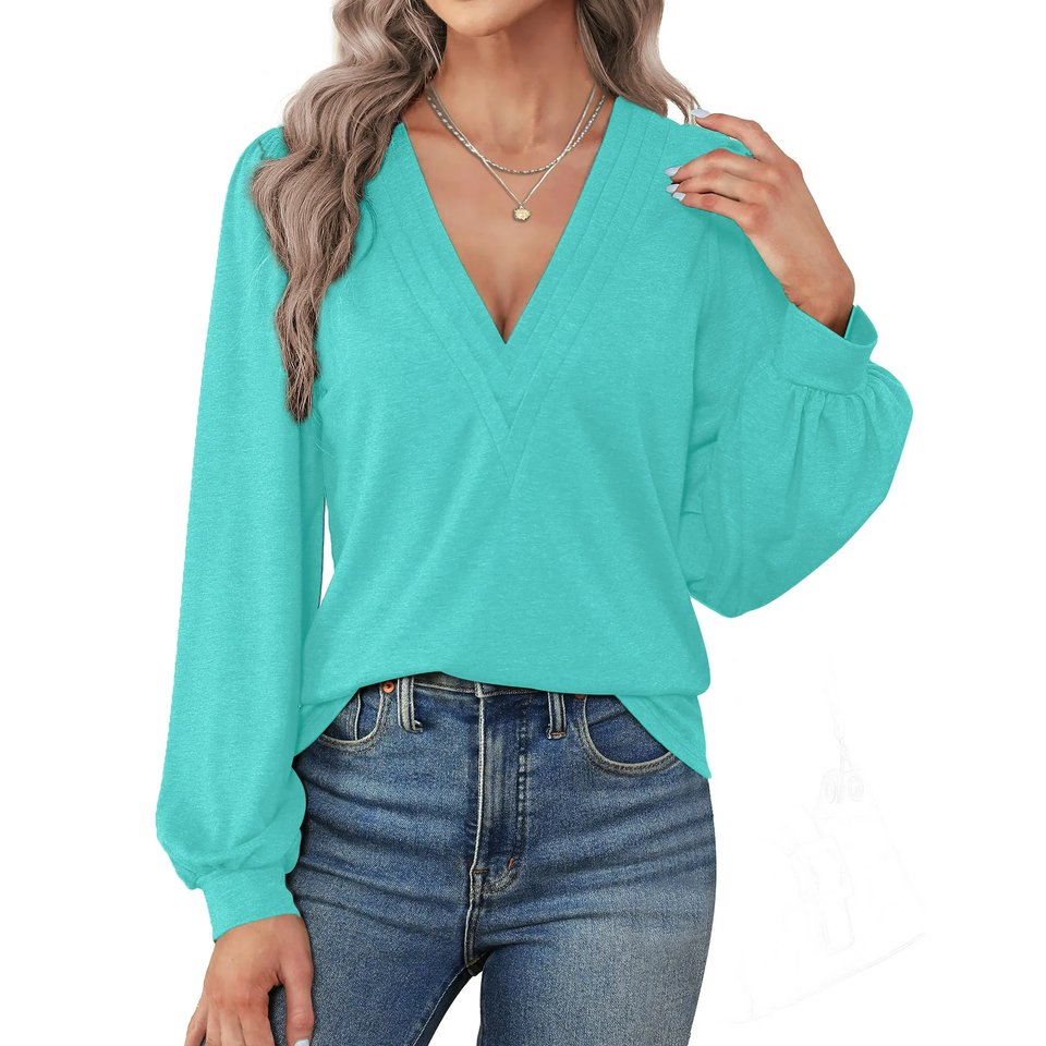 Fantaslook Deep V Neck Womens Tops Fall Long Puff Sleeve Shirts Dressy Casual Tunic Blouses