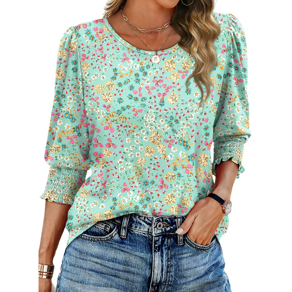 Fantaslook Blouses for Women Dressy Casual 3/4 Length Sleeve Womens Tops with Smocked Cuffs Fashion Shirts