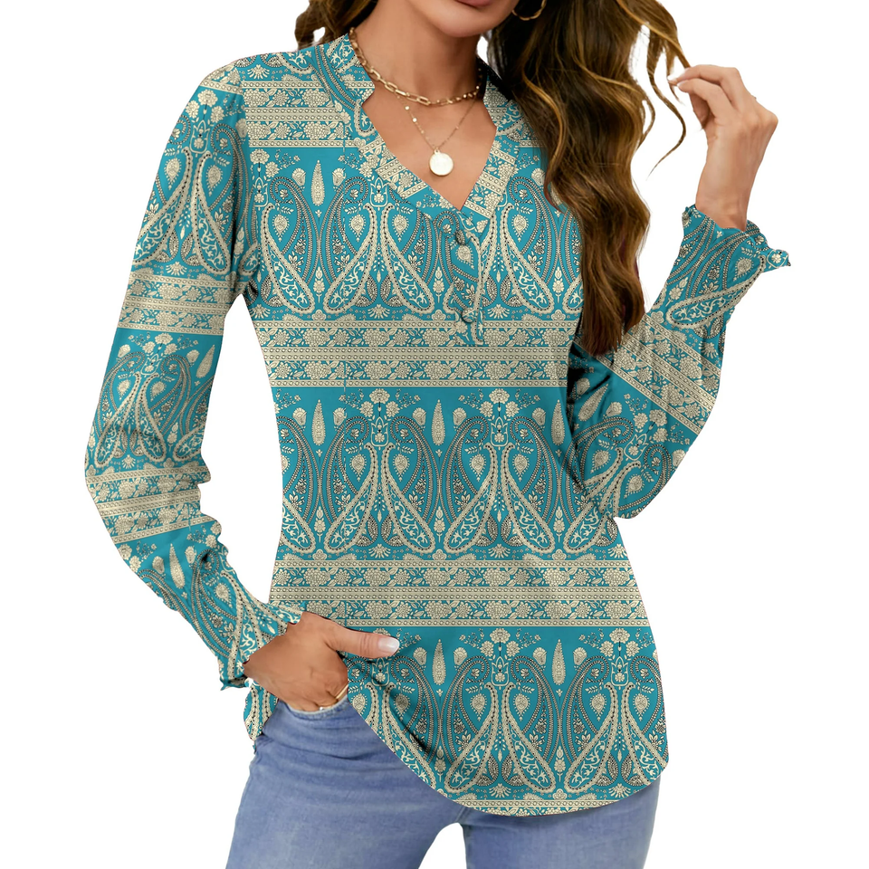 Fantaslook Womens Tops Dressy Blouses V Neck Puff Long Sleeve Tunic Tops Button Fall Shirts