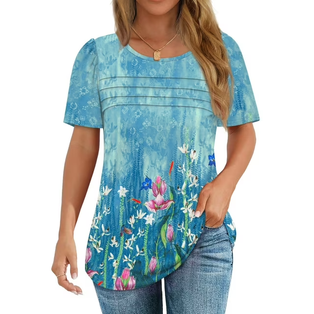 Fantaslook Women Blouses Dressy Casual Summer Short Sleeve Shirts Crew Neck Pleated Tunic Tops