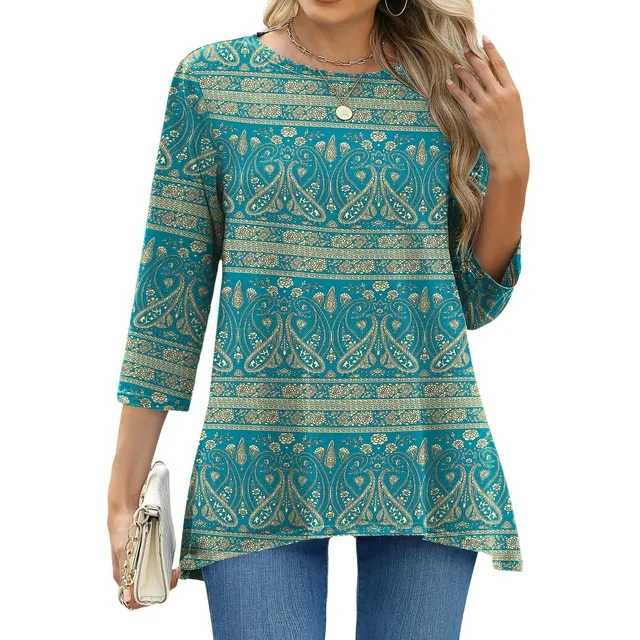 Fantaslook Plus Size Women Tunic Tops 3/4 Sleeve Dressy Casual Blouses Loose Flowy Floral Shirts
