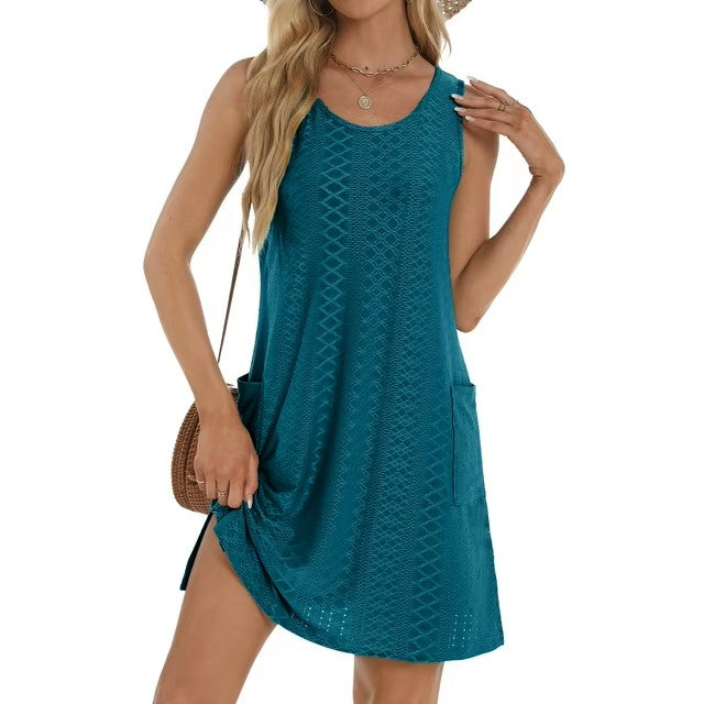 Fantaslook Eyelet Summer Dresses for Women Casual Loose Sleeveless Sundresses Beach Tank Dresses with Pockets