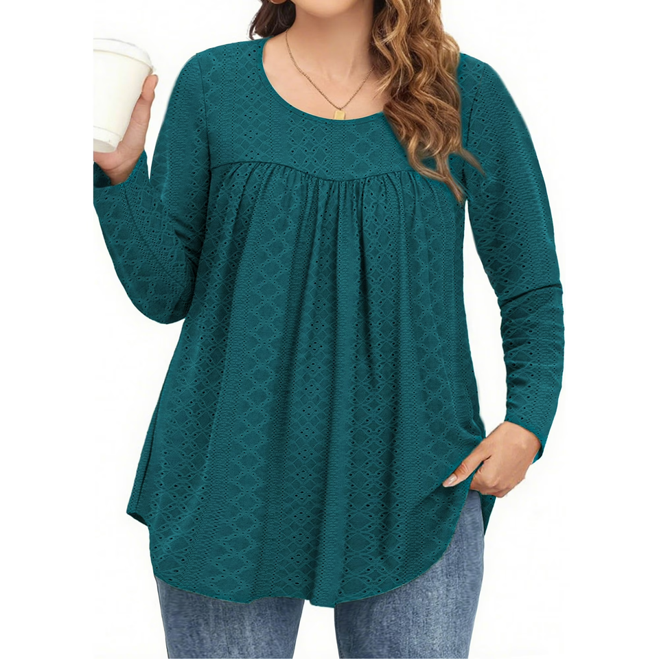 Fantaslook Plus Size Tops For Women Eyelet Long Sleeve Tunic Blouse Crew Neck Pleated Curved Hem Shirts