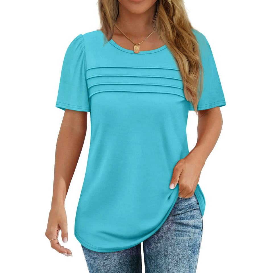 Fantaslook Women Blouses Dressy Casual Summer Short Sleeve Shirts Crew Neck Pleated Tunic Tops