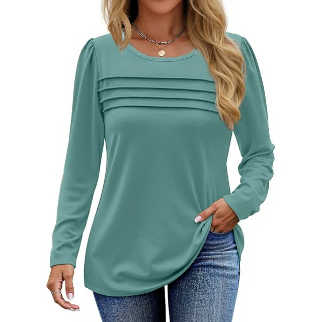 Fantaslook Long Sleeve Shirts for Women Fall Dressy Casual Blouses Fashion Pleated Tunic Tops