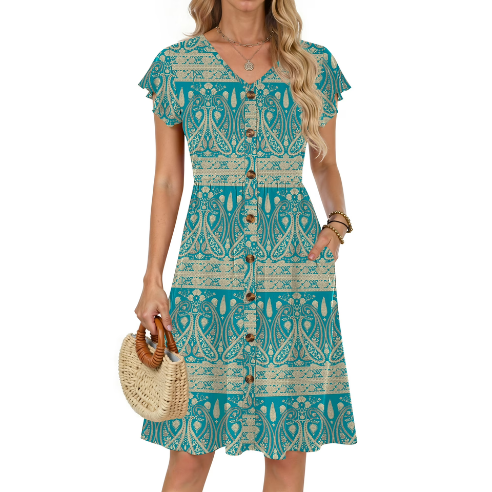 Fantaslook Women Summer Dresses V Neck Ruffle Sleeve Casual Flowy Sundresses Button Floral Midi Dress with Pockets