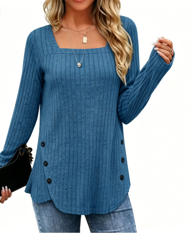 Fantaslook Square Neck Tops for Women Long Sleeve Dressy Blouses Button Side Tunic Shirts